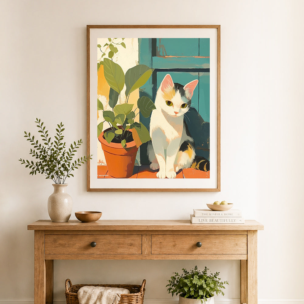 Finished cat beside potted plant cross stitch artwork displayed as home decor
