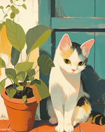 Cat beside potted plant cross stitch kit for beginners