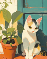 Cat beside potted plant paint by numbers kit for beginners