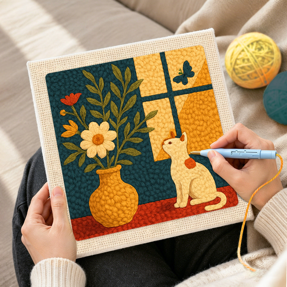 Creating handmade cat by the window with flower vase punch needle artwork