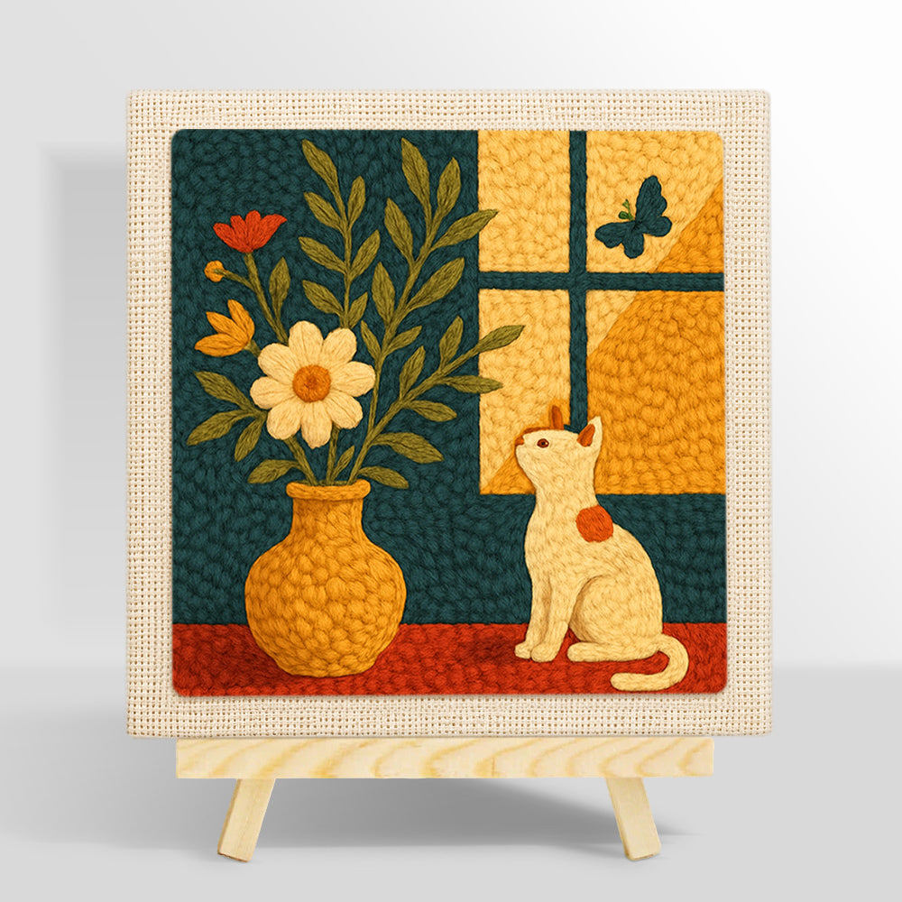 Cat by the window with flower vase punch needle kit for beginners