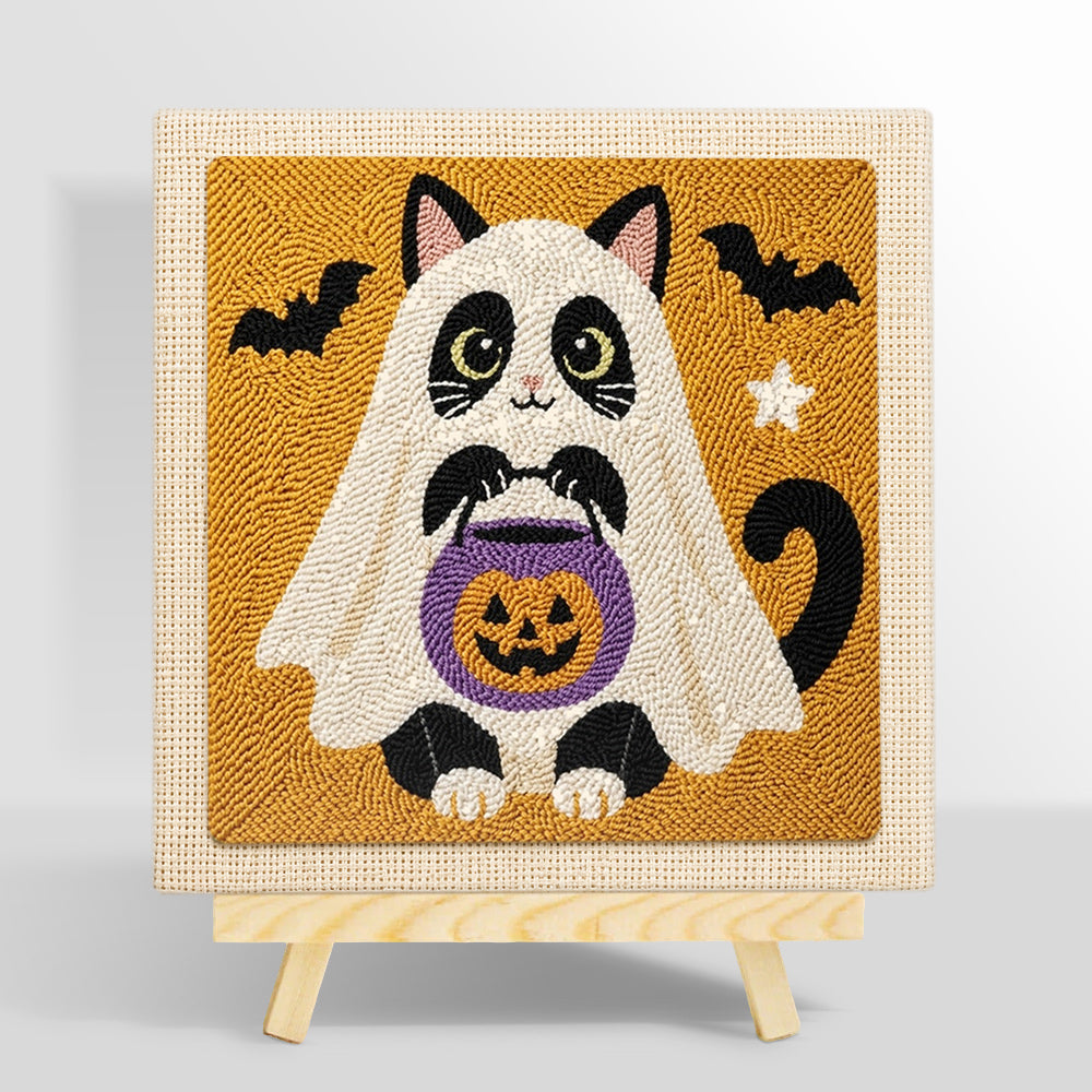 Cat ghost with pumpkin bucket punch needle kit for beginners