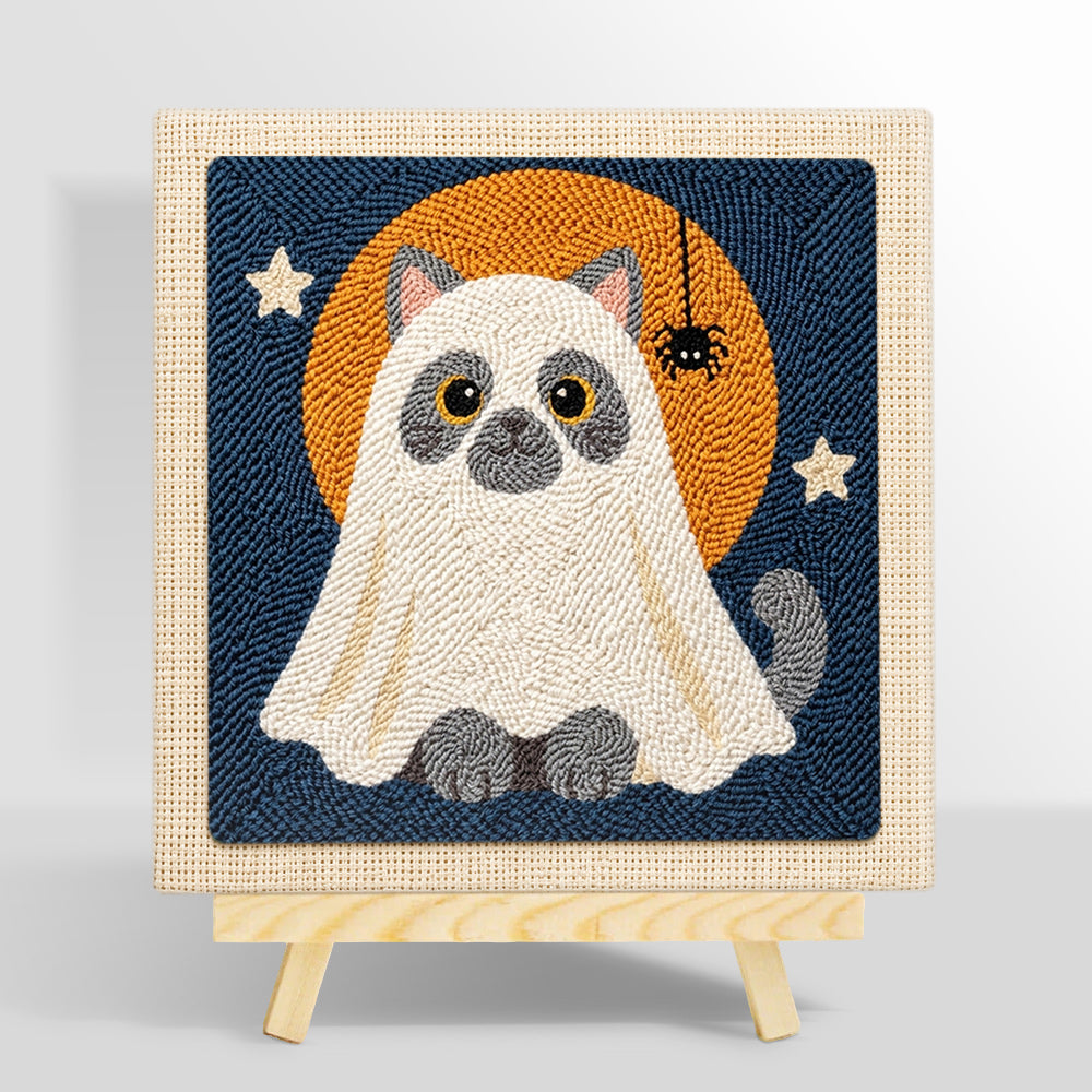 Cat in ghost costume punch needle kit for beginners
