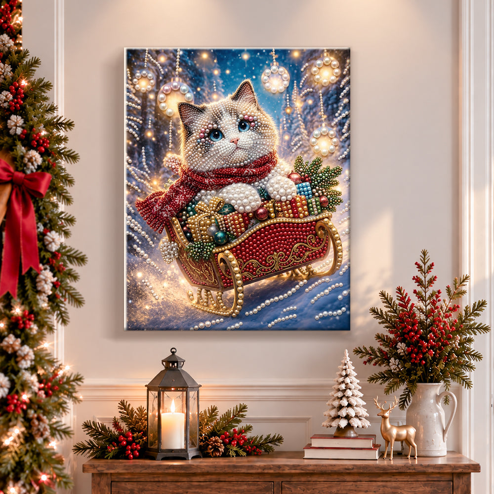 Finished cat on christmas sleigh pearl diamond painting artwork displayed as holiday home decor