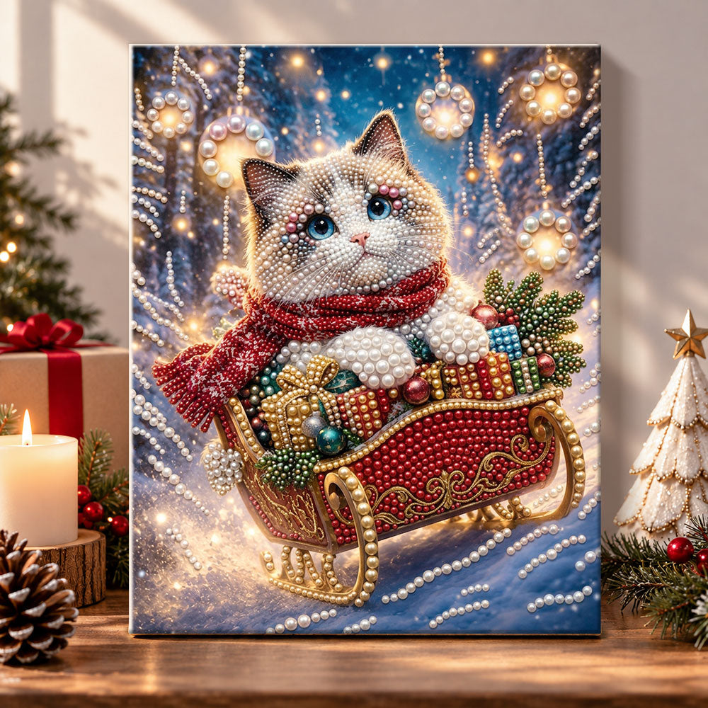 Cat on christmas sleigh pearl diamond painting kit for beginners