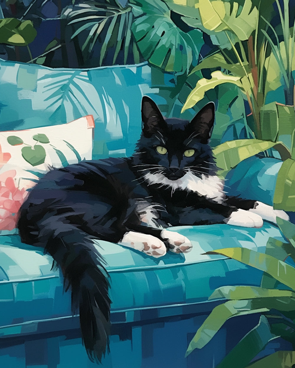 Cat on tropical couch cross stitch kit for beginners