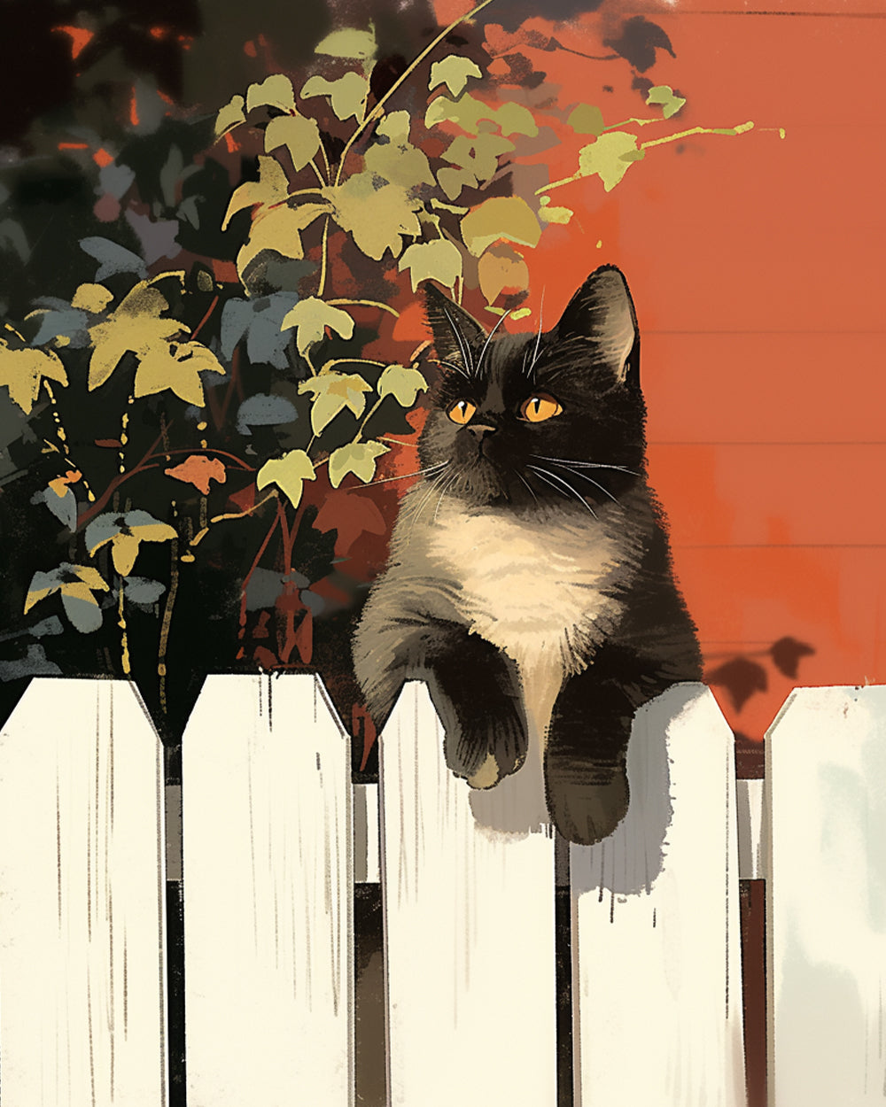 Cat resting on white fence cross stitch kit for beginners