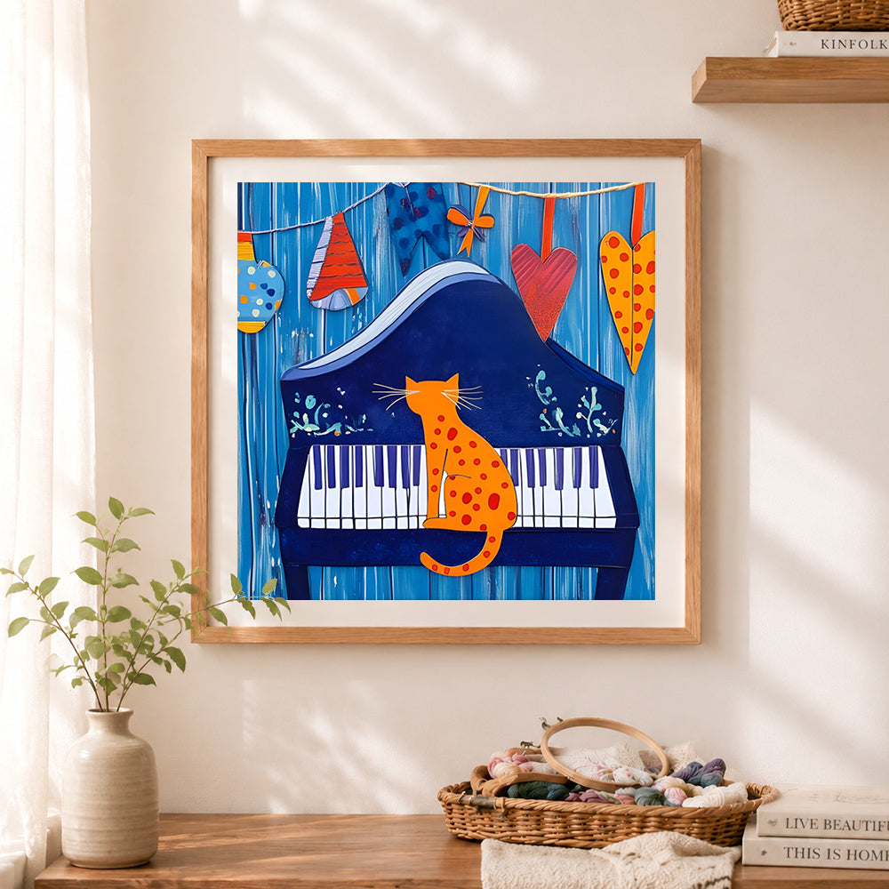 Finished cat sitting on piano cross stitch artwork displayed as home decor