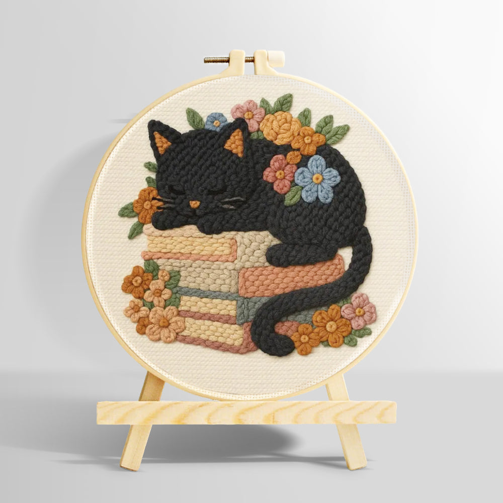 Cat sleeping on books punch needle kit for beginners