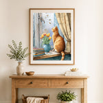 Finished cat watching birds cross stitch artwork displayed as home decor