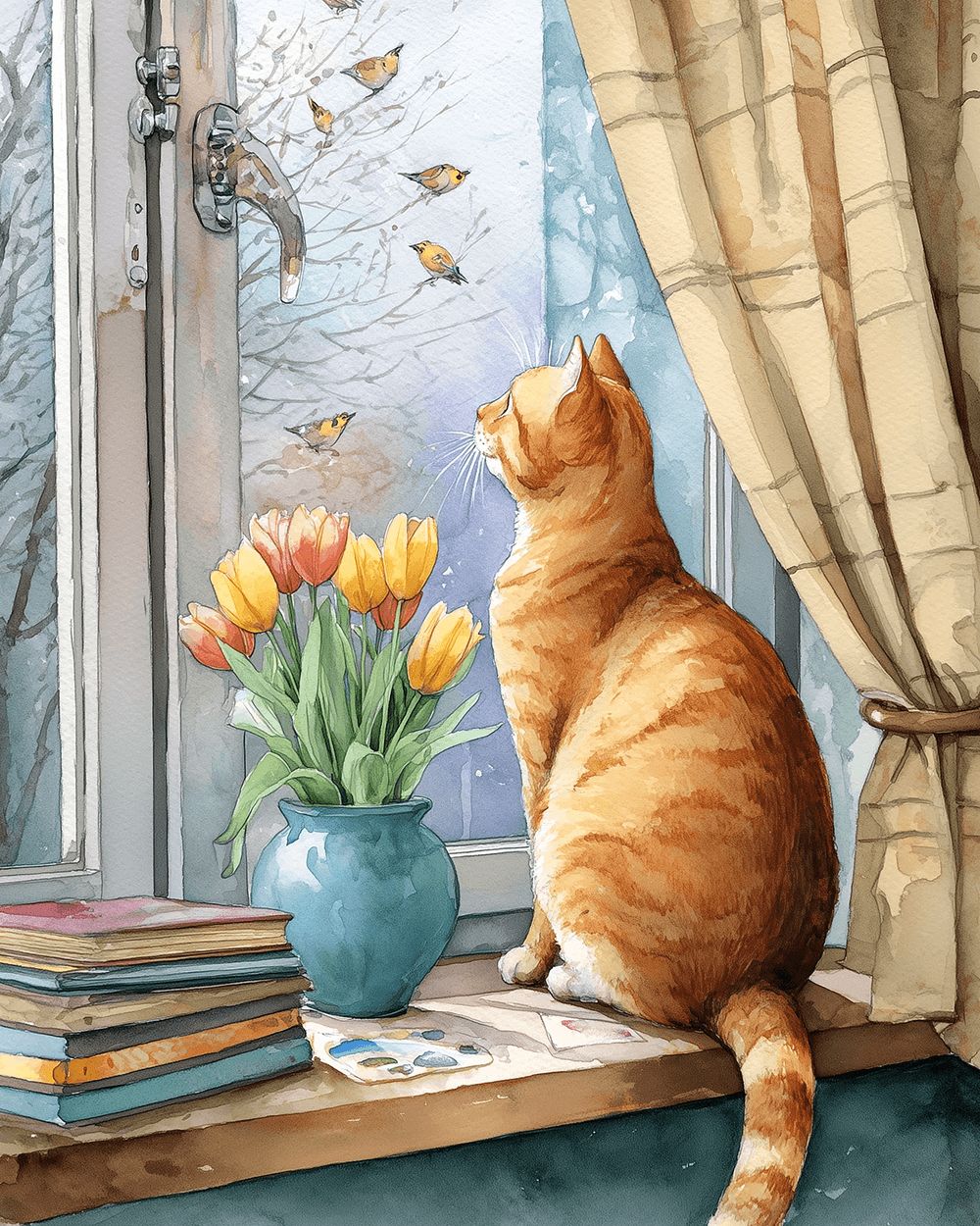 Cat watching birds cross stitch kit for beginners