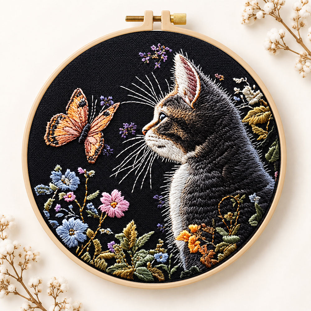 Cat watching butterfly embroidery kit