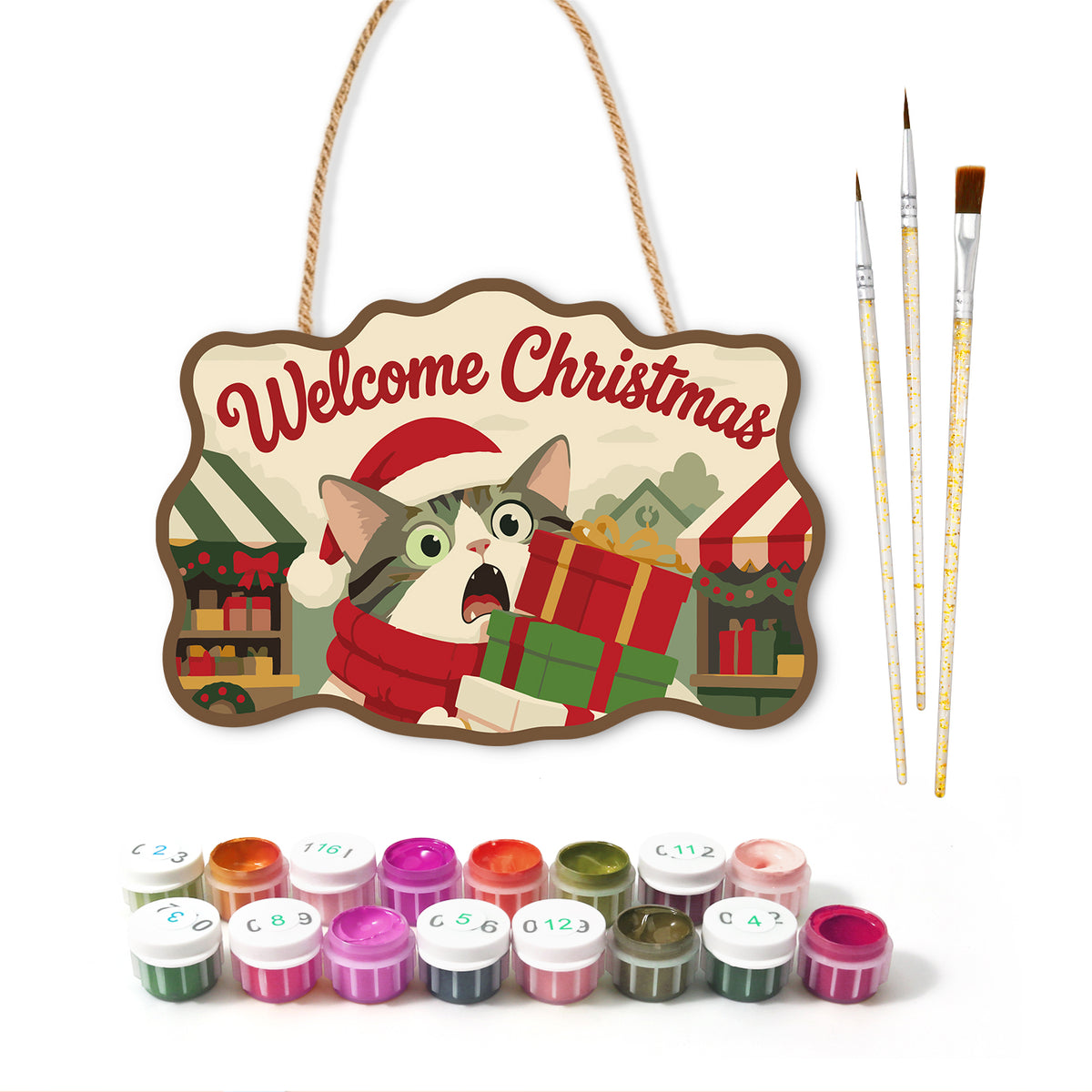 Cat with christmas gifts paint by numbers door hanger with paints and brushes