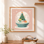Finished cats christmas snow globe cross stitch artwork displayed as home decor