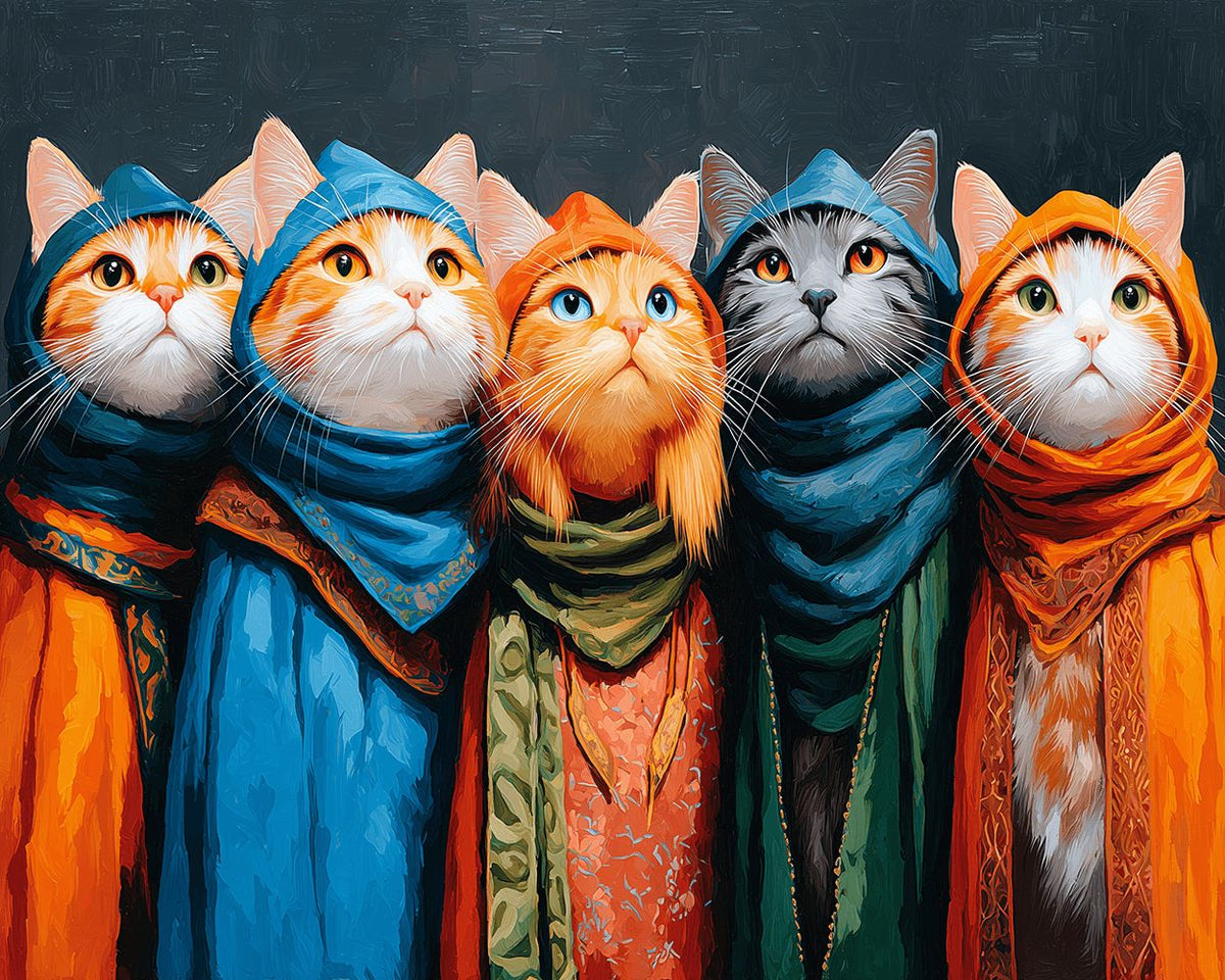 Cats in colorful robes cross stitch kit for beginners