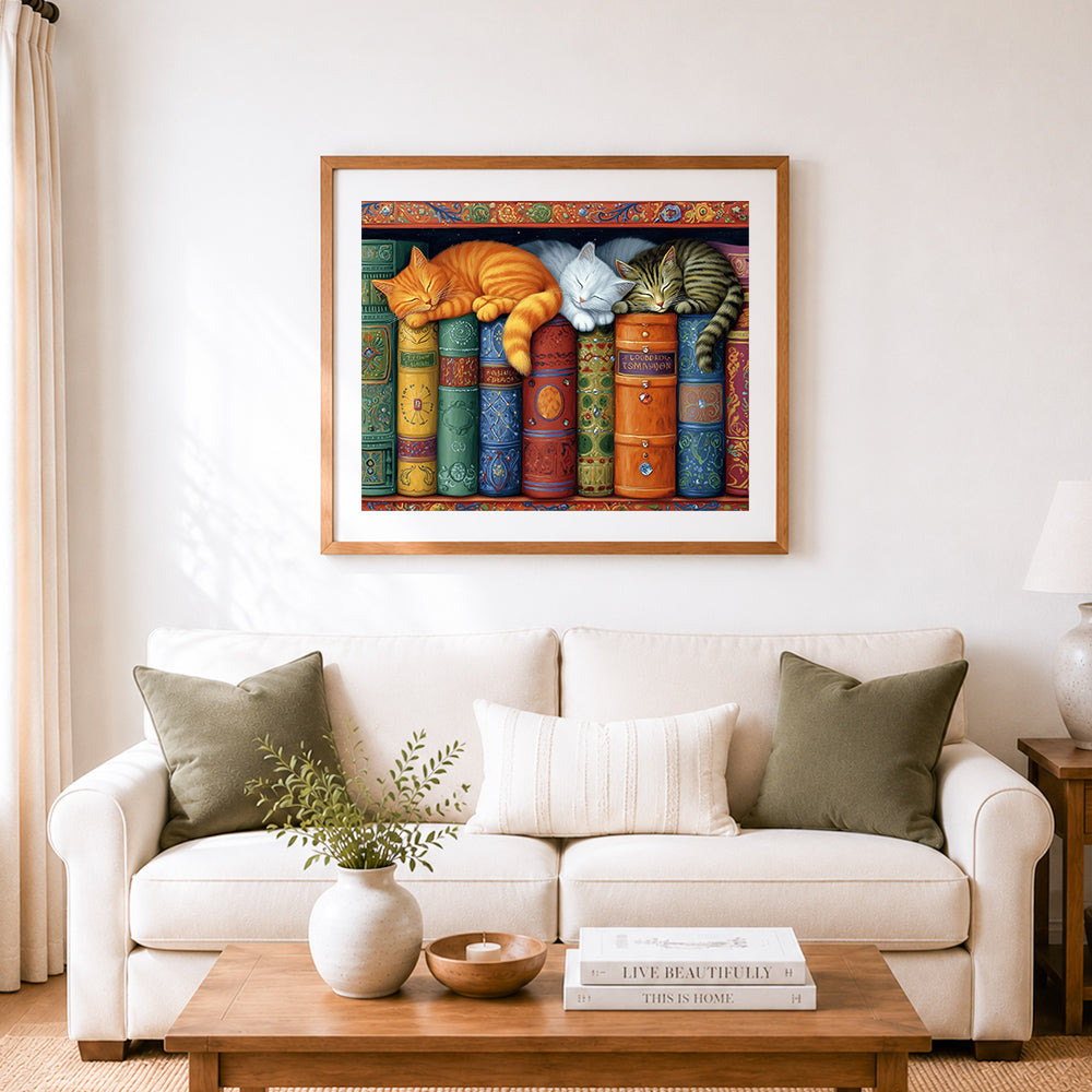 Finished cats rest on vintage books cross stitch artwork displayed as home decor