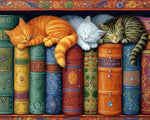 Cats rest on vintage books cross stitch kit for beginners