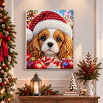 Finished cavalier spaniel in santa hat pearl diamond painting artwork displayed as holiday home decor