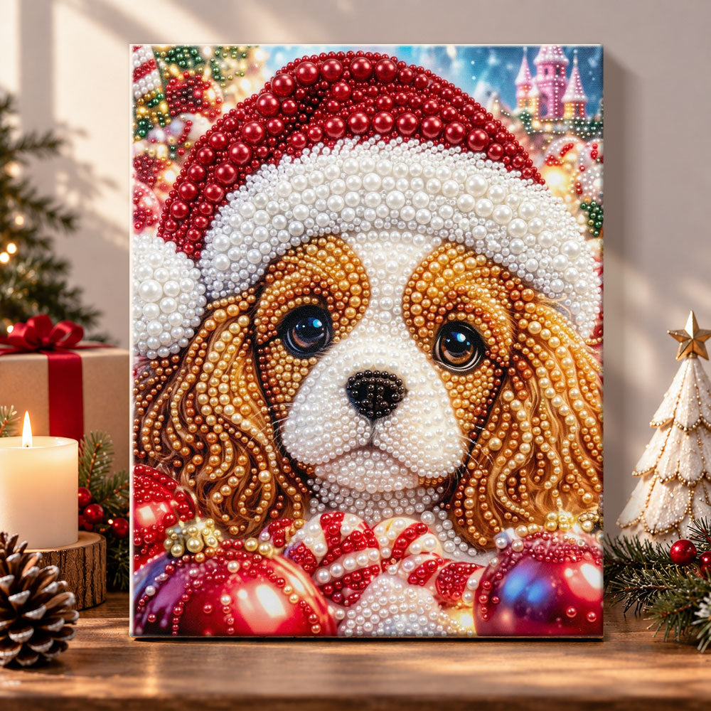 Cavalier spaniel in santa hat pearl diamond painting kit for beginners