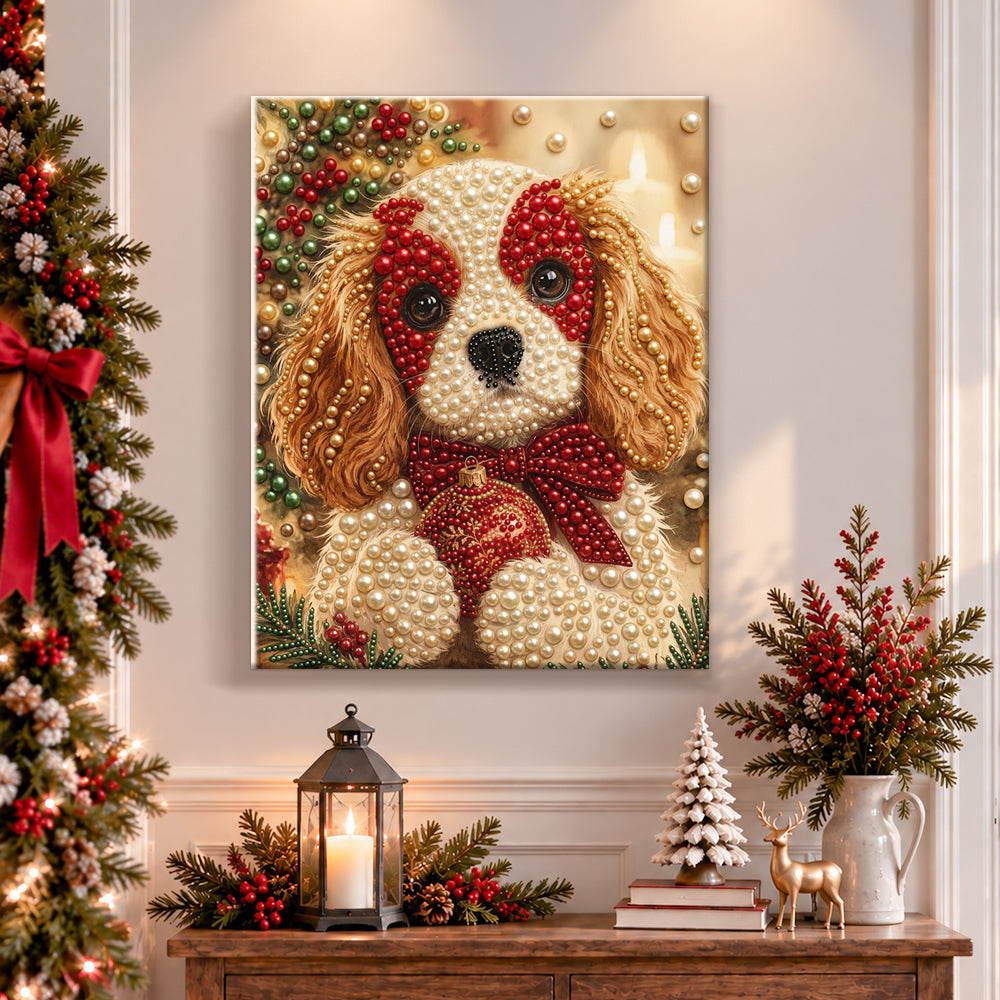 Finished cavalier spaniel with christmas ornament pearl diamond painting artwork displayed as holiday home decor