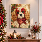 Finished cavalier spaniel with christmas ornament pearl diamond painting artwork displayed as holiday home decor