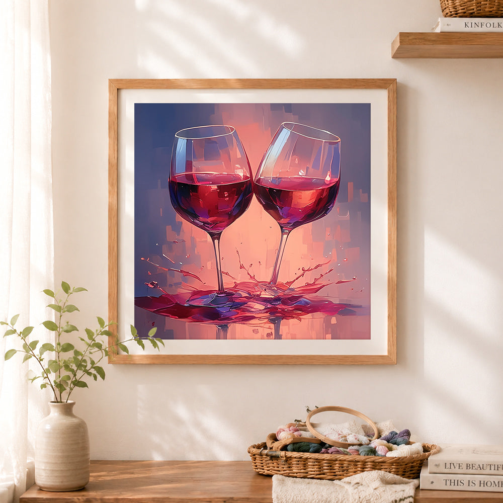 Finished celebratory red wine toast cross stitch artwork displayed as home decor