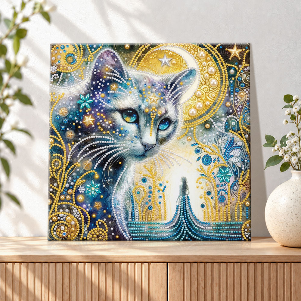 Finished celestial starry cat pearl diamond painting artwork displayed as holiday home decor