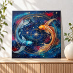 Finished celestial twin koi pearl diamond painting artwork displayed as holiday home decor