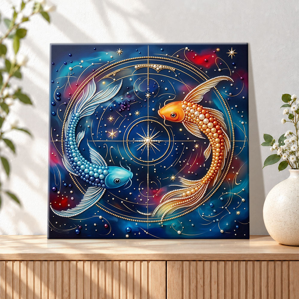 Finished celestial twin koi pearl diamond painting artwork displayed as holiday home decor