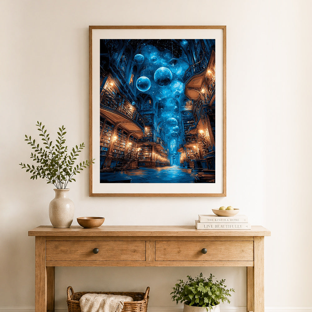 Finished celestial vintage library cross stitch artwork displayed as home decor