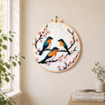Charming birds on pink flower branch needle felt wall art displayed in a bright home interior