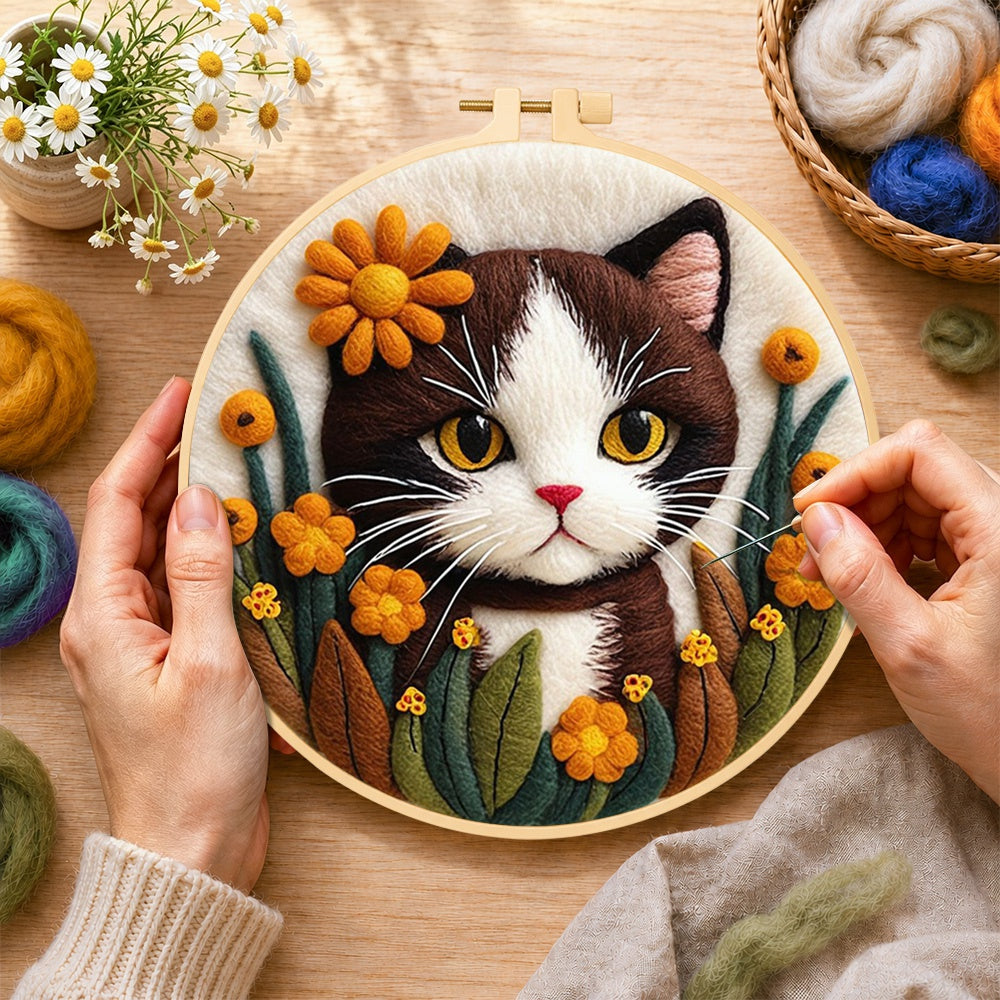 Creating the charming brown and white cat with flowers wool painting by hand with a felting needle