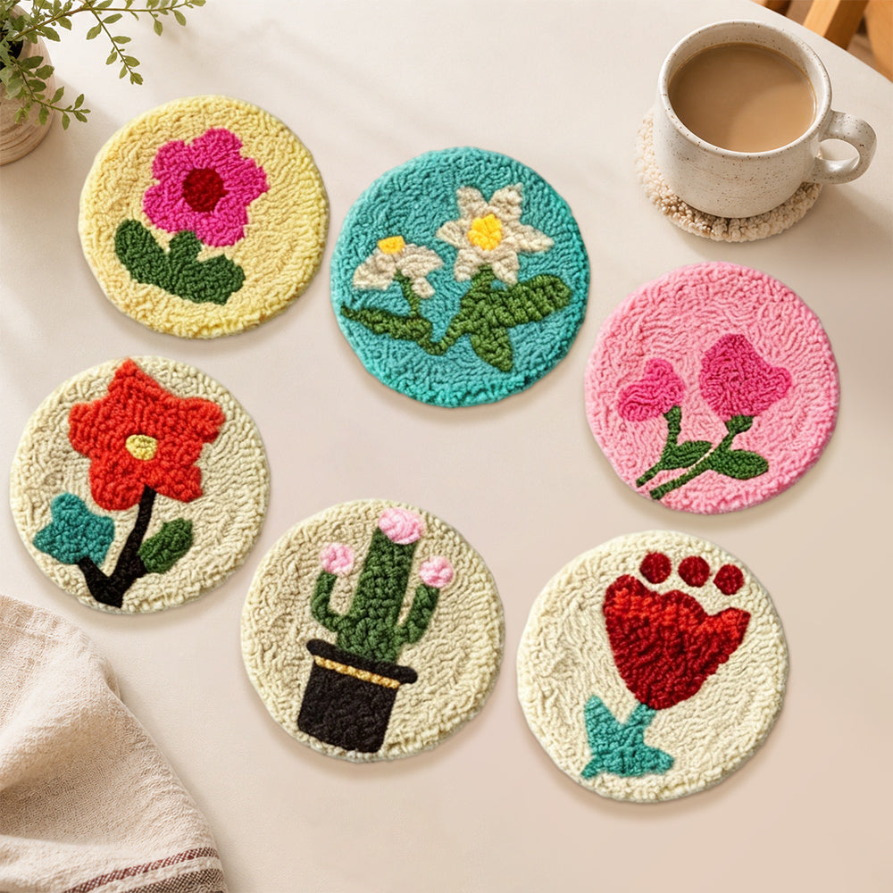 Charming cacti and flowers punch needle coasters used for home decoration