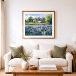Finished charming cottage with iris garden cross stitch artwork displayed as home decor