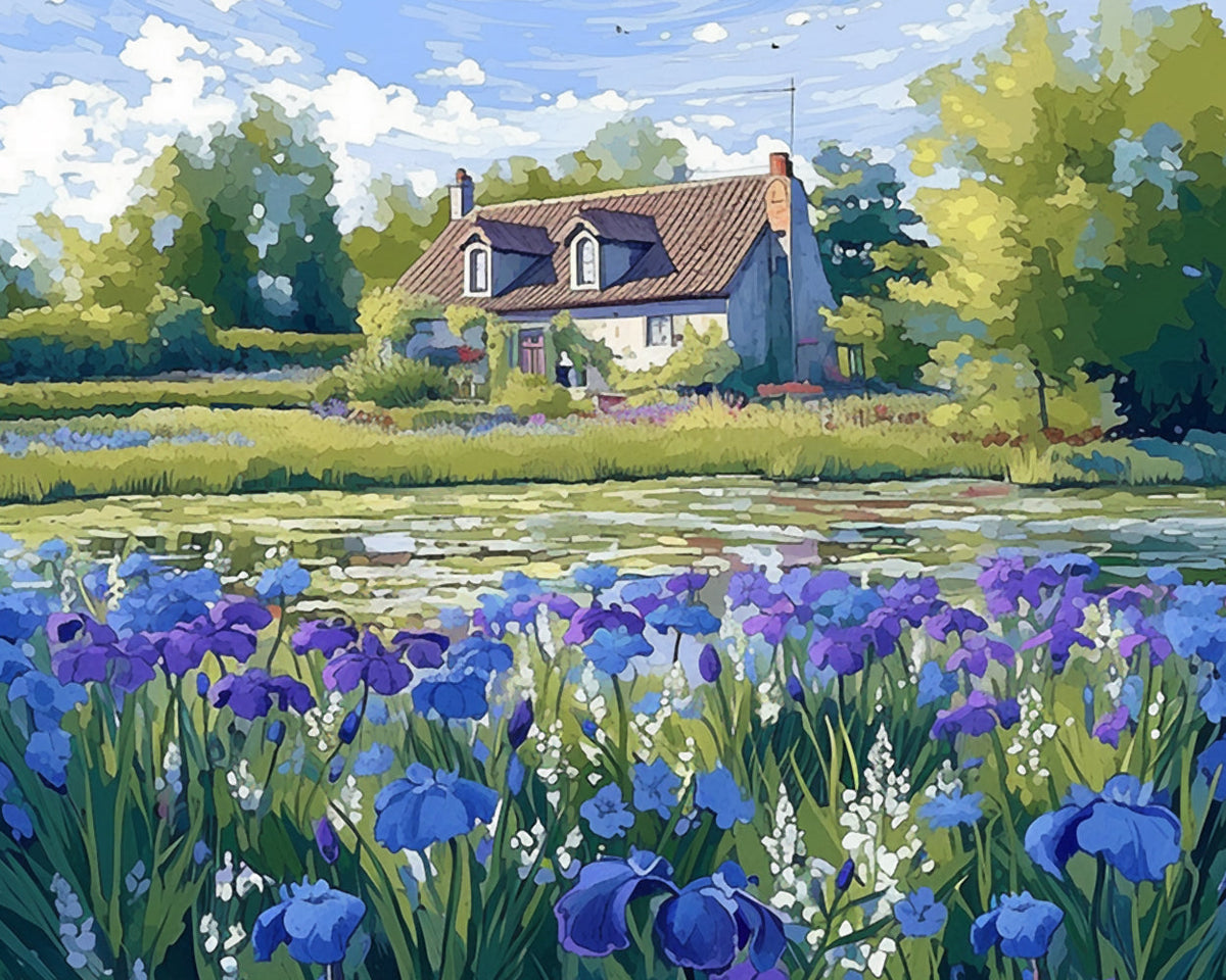 Charming cottage with iris garden cross stitch kit for beginners