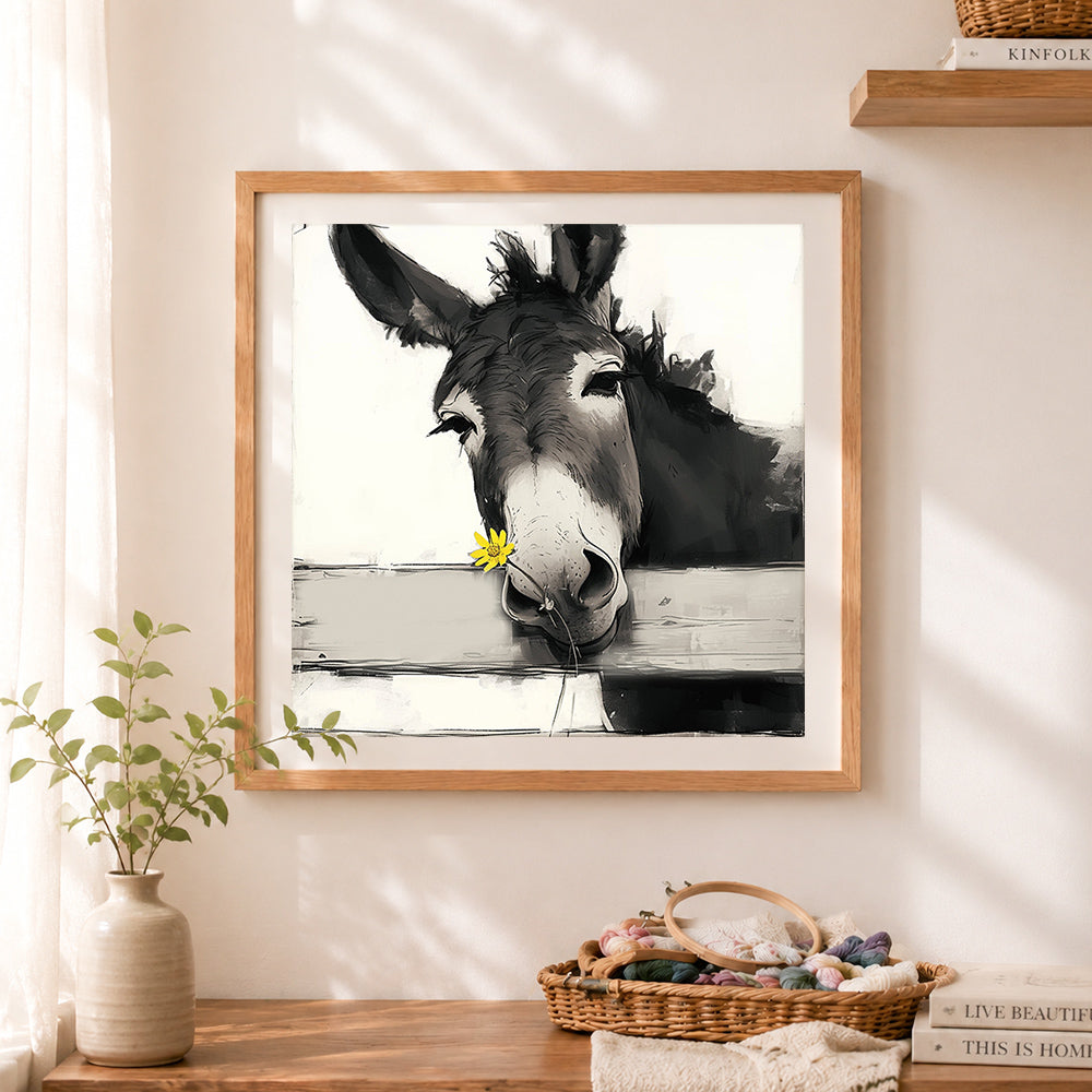 Finished charming donkey with yellow flower cross stitch artwork displayed as home decor