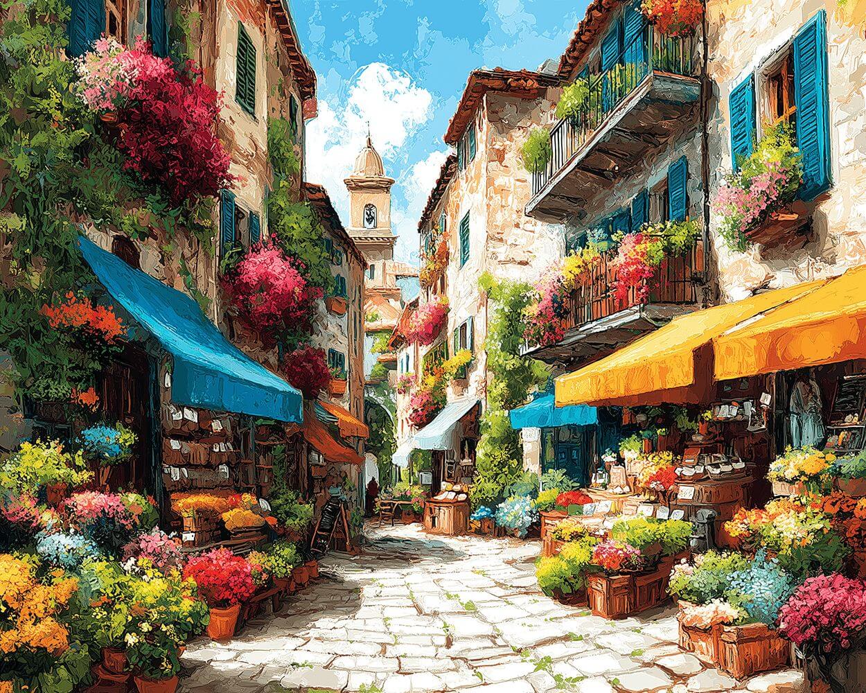 Charming european flower market alley cross stitch kit for beginners