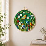 Charming flock of colorful birds needle felt wall art displayed in a bright home interior