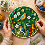 Creating the charming flock of colorful birds wool painting by hand with a felting needle