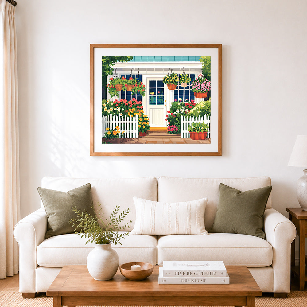 Finished charming flower‑filled front porchcross stitch artwork displayed as home decor
