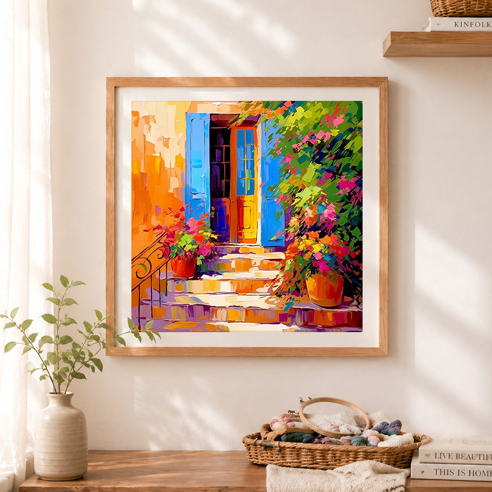 Finished charming french house entrance cross stitch artwork displayed as home decor