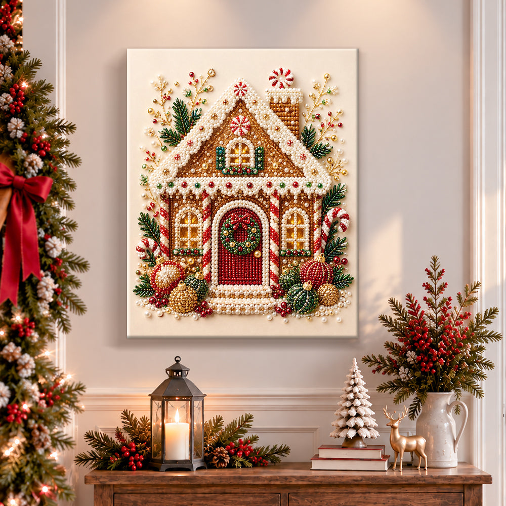 Finished charming gingerbread cottage pearl diamond painting artwork displayed as holiday home decor