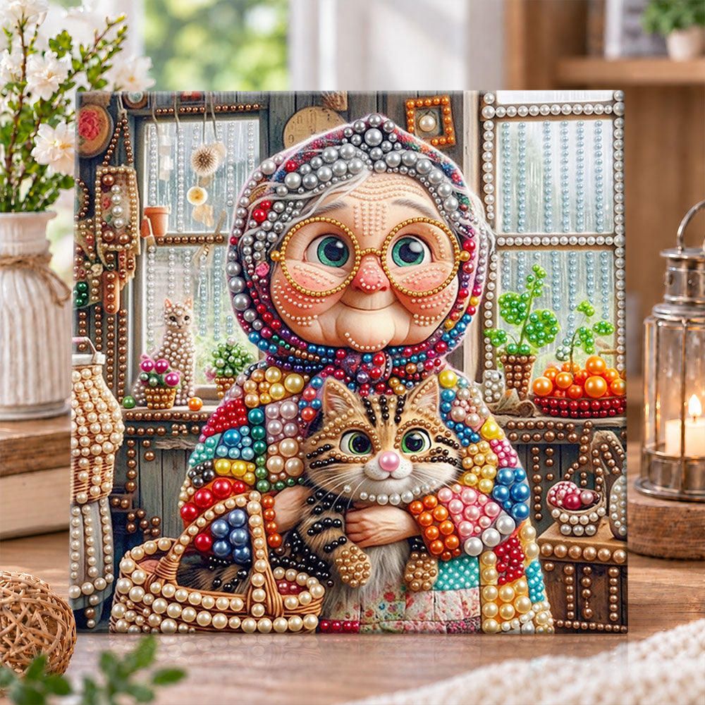 Charming granny holding cat pearl diamond painting kit for beginners