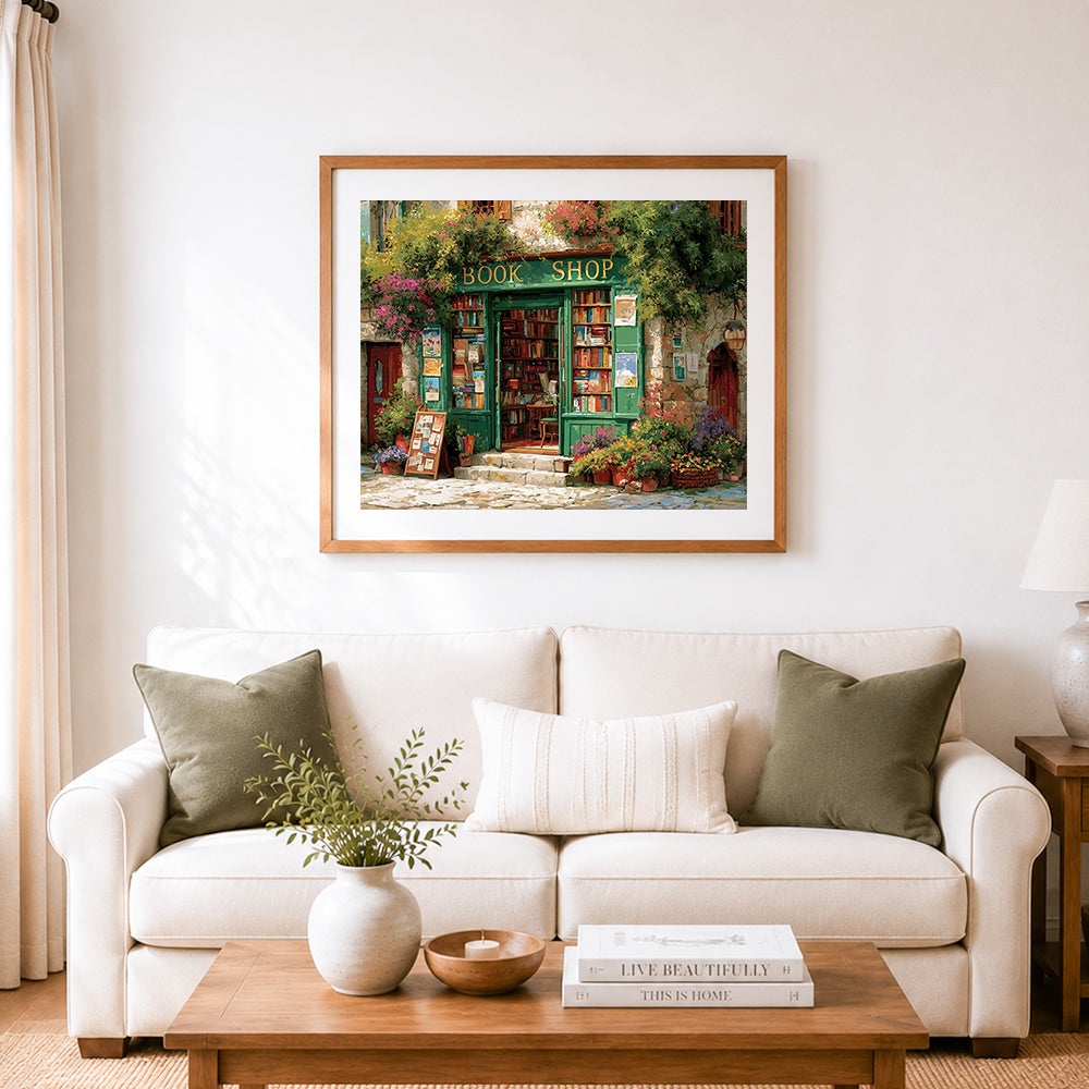 Finished charming green bookshop with colorful flowers cross stitch artwork displayed as home decor