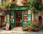 Charming green bookshop with colorful flowers cross stitch kit for beginners