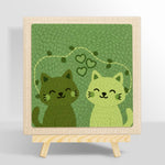Charming green cat couple punch needle kit for beginners