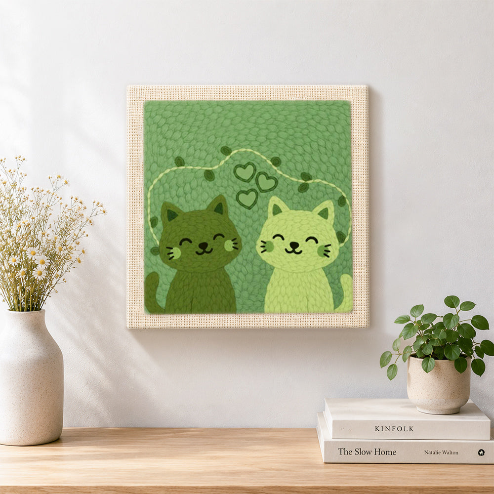 Finished charming green cat couple artwork displayed on a wall