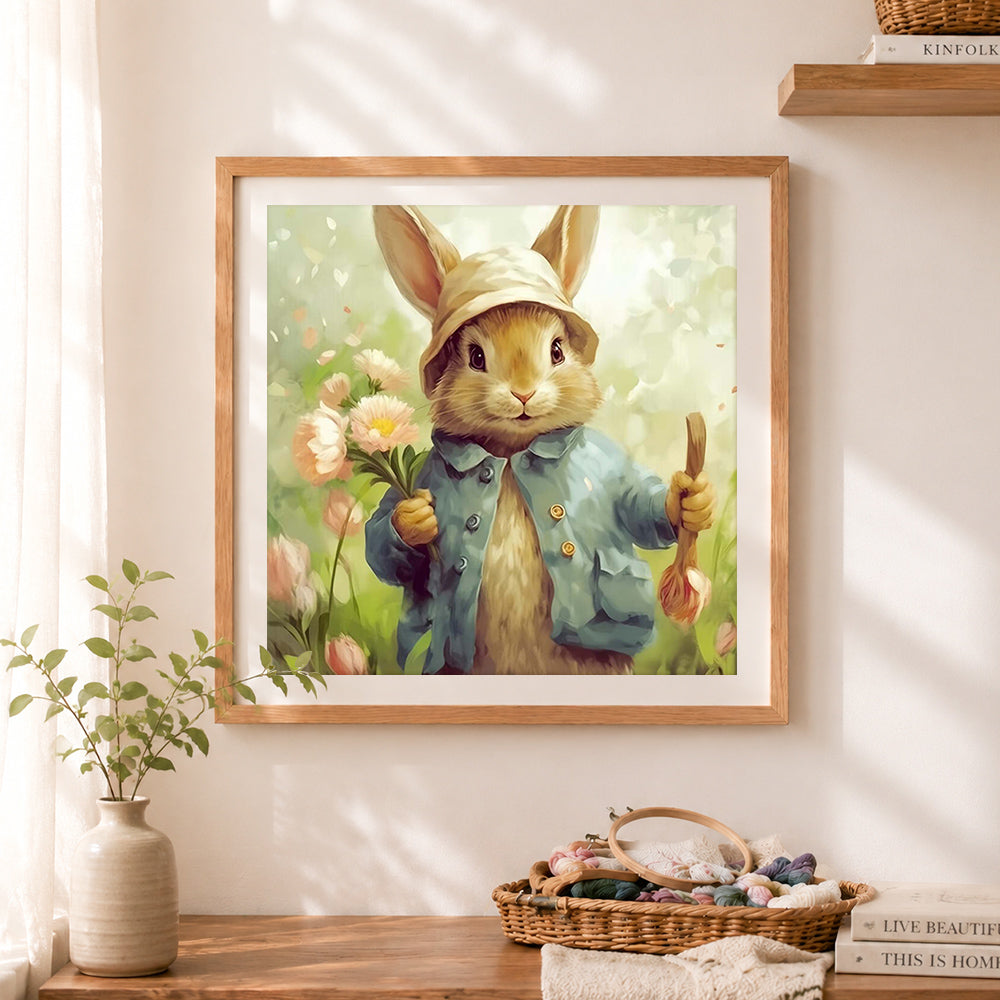 Finished charming rabbit in blue coat cross stitch artwork displayed as home decor