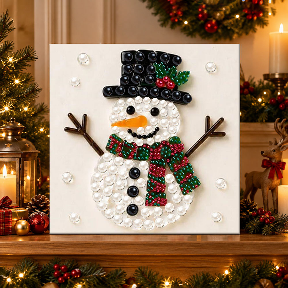 Finished charming snowman with scarf pearl diamond painting artwork displayed as holiday home decor