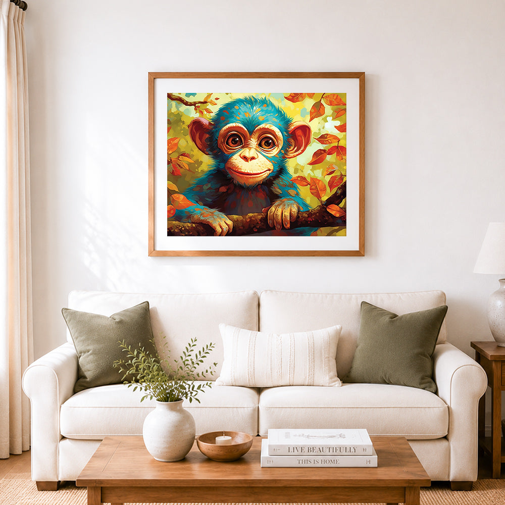 Finished cheerful blue baby monkey cross stitch artwork displayed as home decor